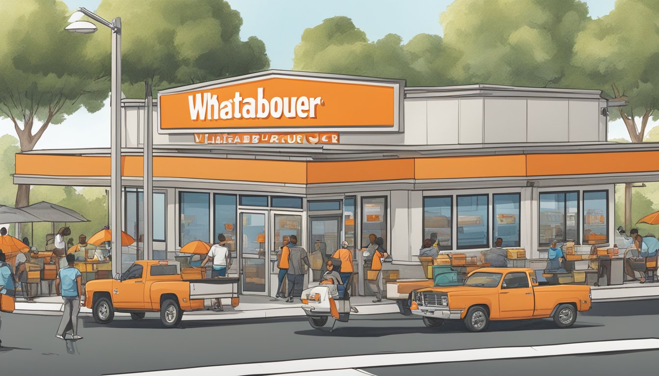 A Whataburger restaurant in a bustling community, with people using the Whataburger online app to place orders and pick up their food