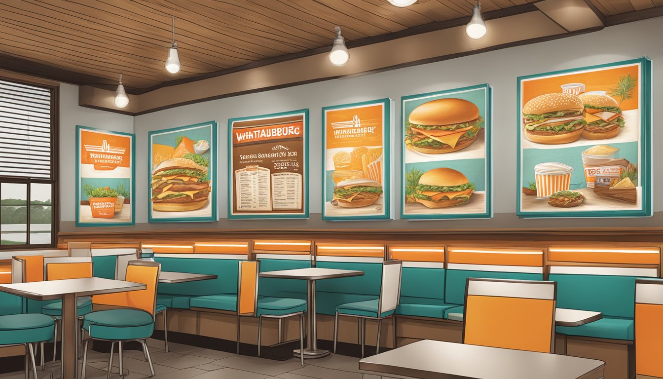 A colorful menu board featuring Whataburger highlights in a bustling Russellville restaurant