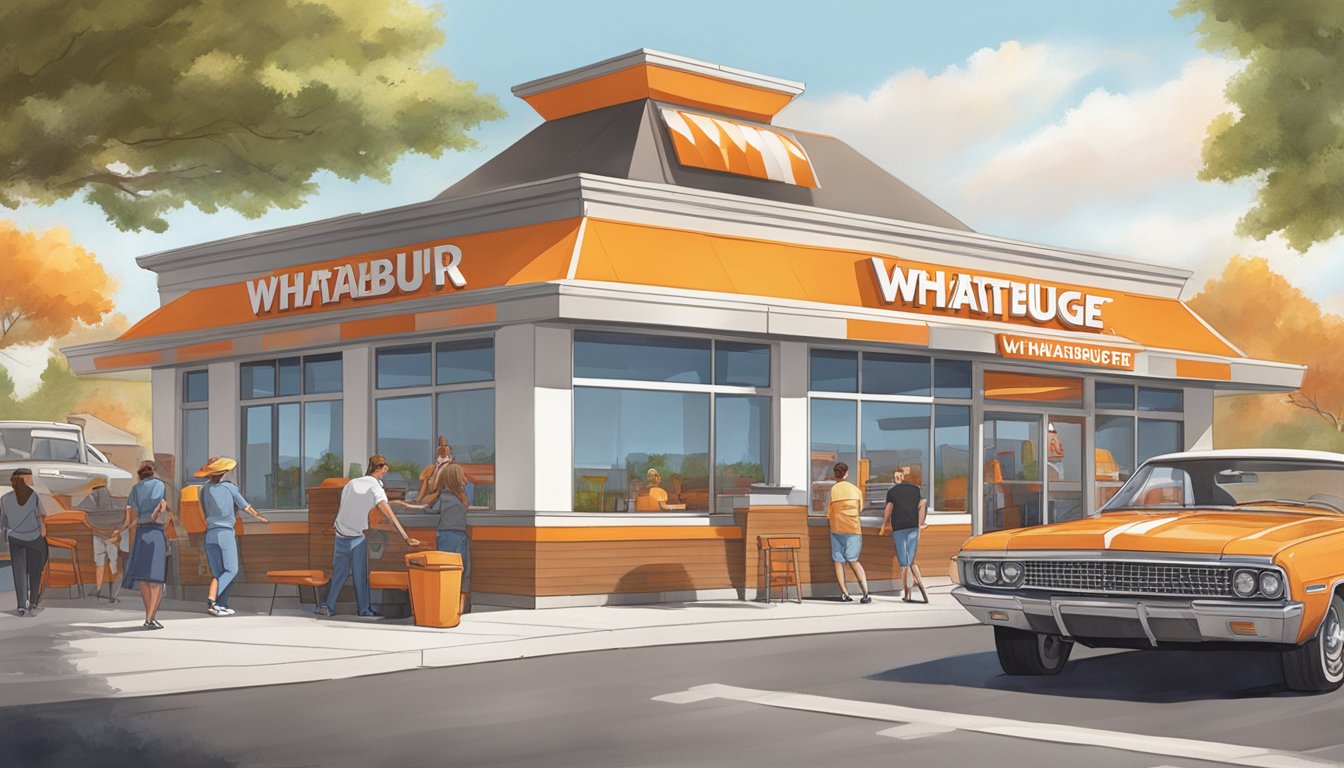 A bustling Whataburger restaurant in Mooresville, with a drive-thru line and outdoor seating area, surrounded by cars and happy customers