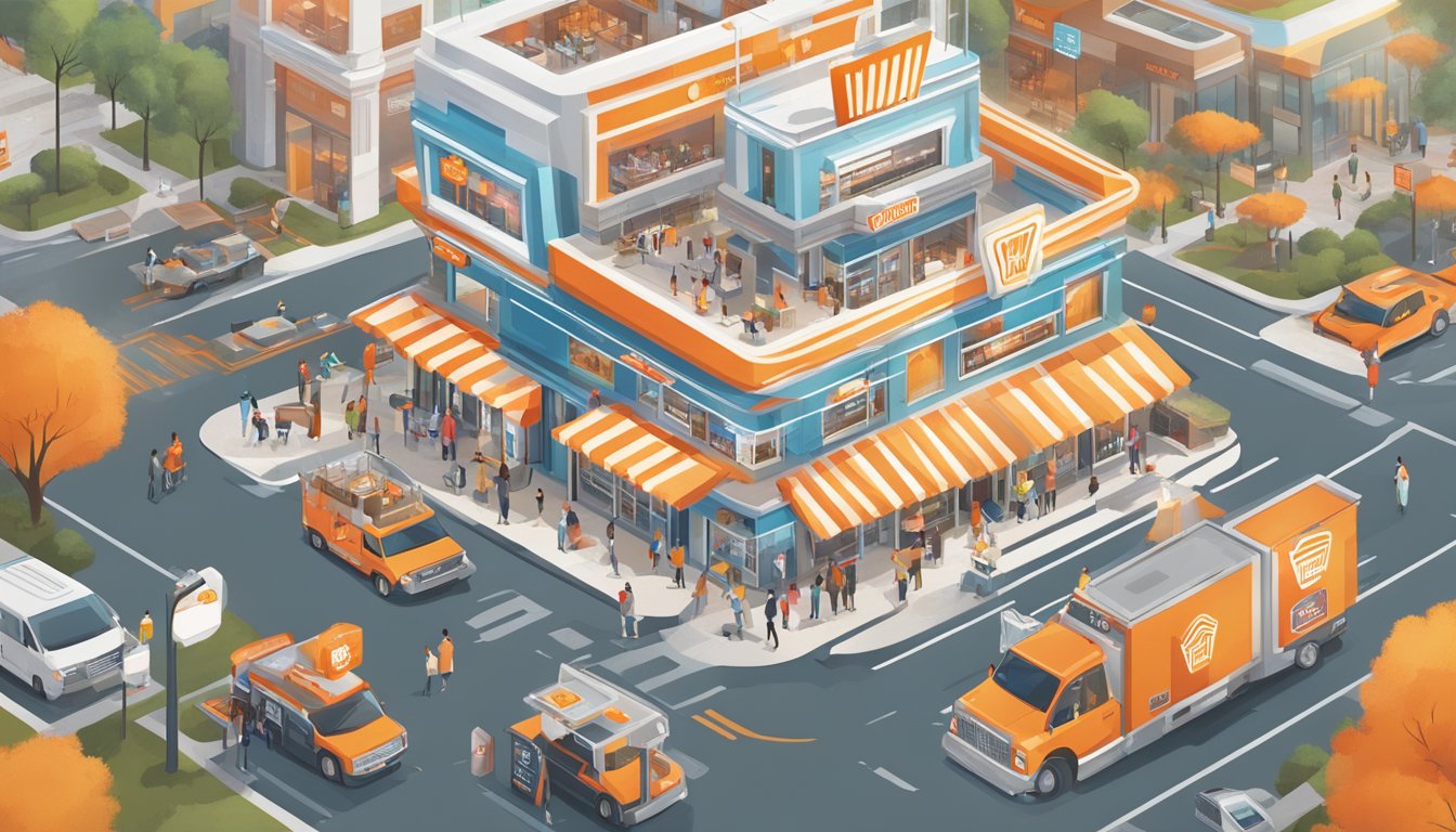 A bustling city with iconic Whataburger locations, people using the online app to order, and futuristic technology integrated into the restaurant experience