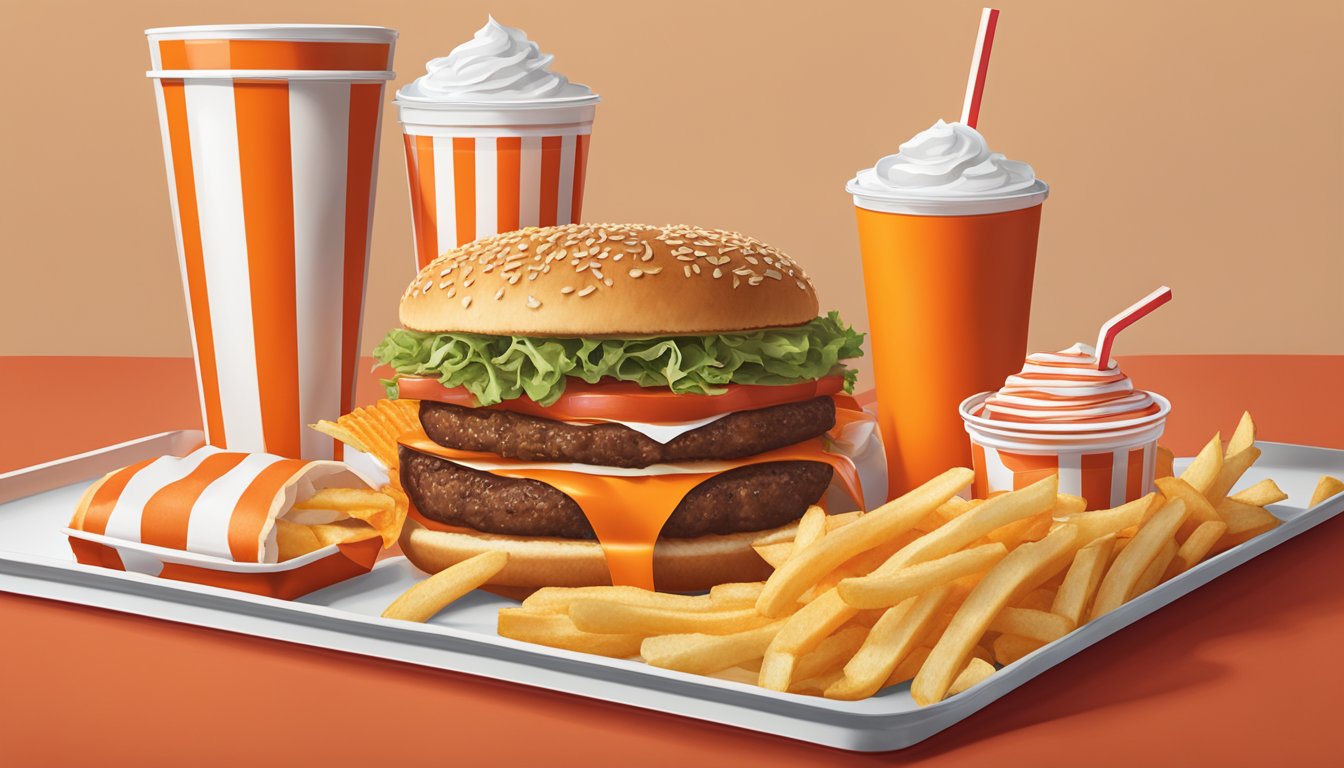 A classic Whataburger meal with fries and a drink on a red tray, with the iconic orange and white striped wrapper