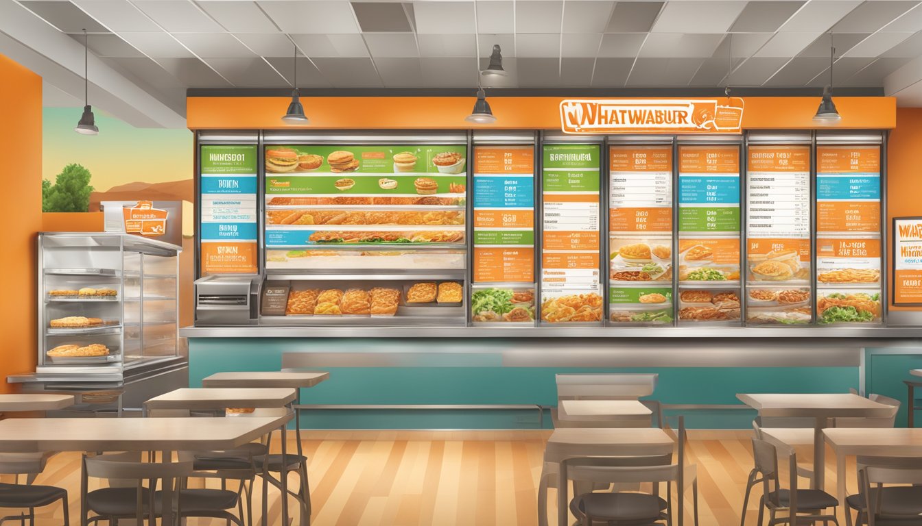 A colorful menu board displaying nutritional and dietary information for Whataburger in Russellville