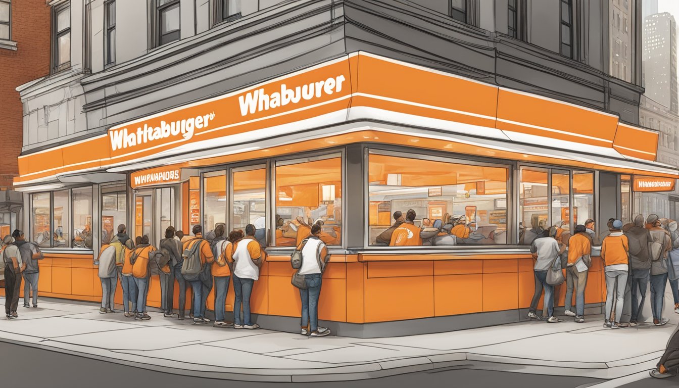 A bustling Whataburger restaurant in the heart of New York City, with iconic orange and white decor and a line of hungry customers stretching out the door