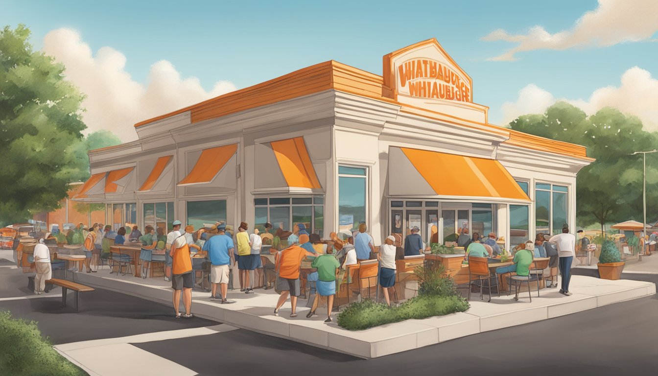 A bustling Whataburger in Russellville, with people gathered for a community event, surrounded by local landmarks and greenery