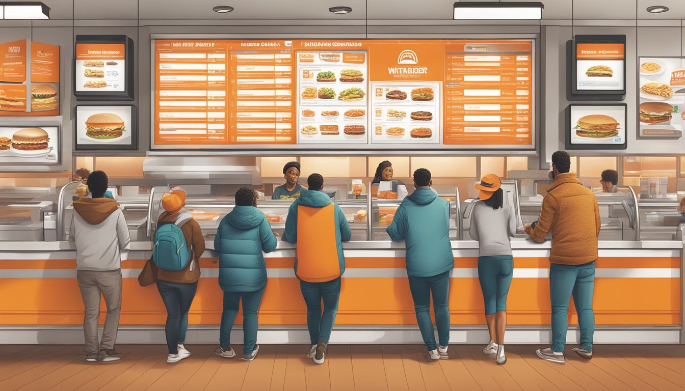 Customers at a modern, bustling Whataburger restaurant in New York City, ordering from a sleek, digital menu display