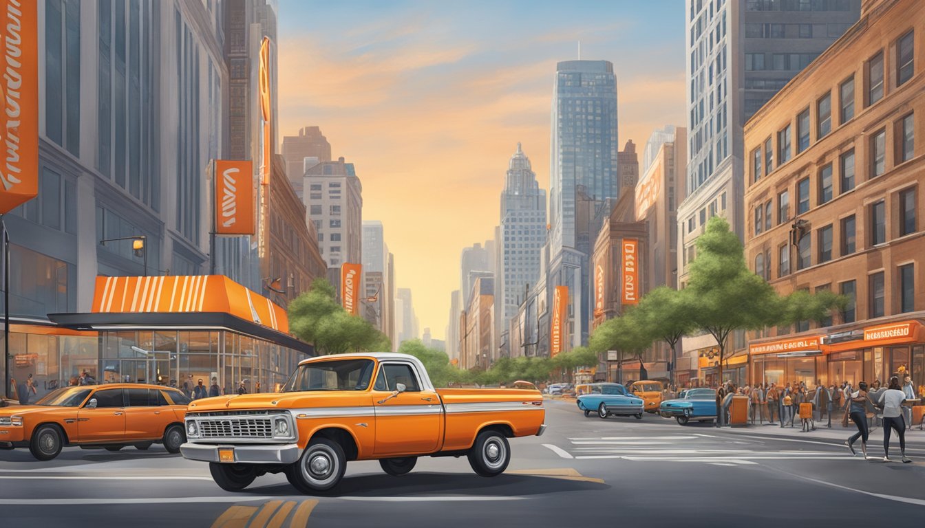 A bustling city street with a towering Whataburger sign and busy traffic in front of the new location in New York