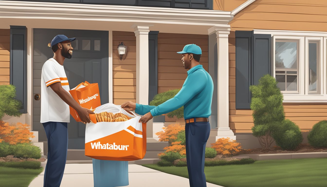 A delivery driver handing over a Whataburger bag to a customer at their front door in Little Rock, Arkansas