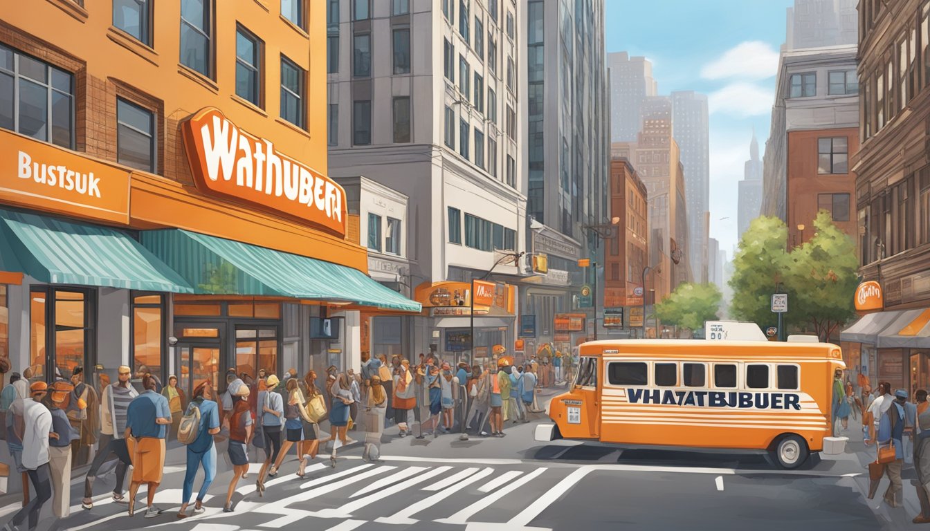 A bustling city street with a WhatABurger restaurant nestled among other corporate and community buildings in New York