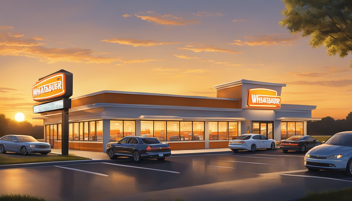 The Whataburger in Little Rock is open for business, with cars lining up at the drive-thru and customers entering the restaurant. The sun is setting in the background, casting a warm glow over the scene