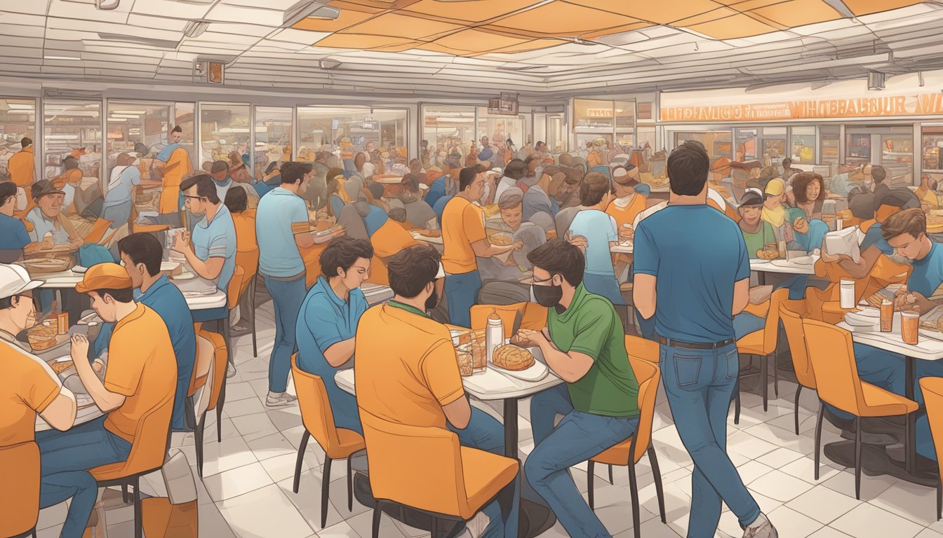 A crowded Whataburger restaurant in New York, with customers enjoying their meals and leaving positive reviews