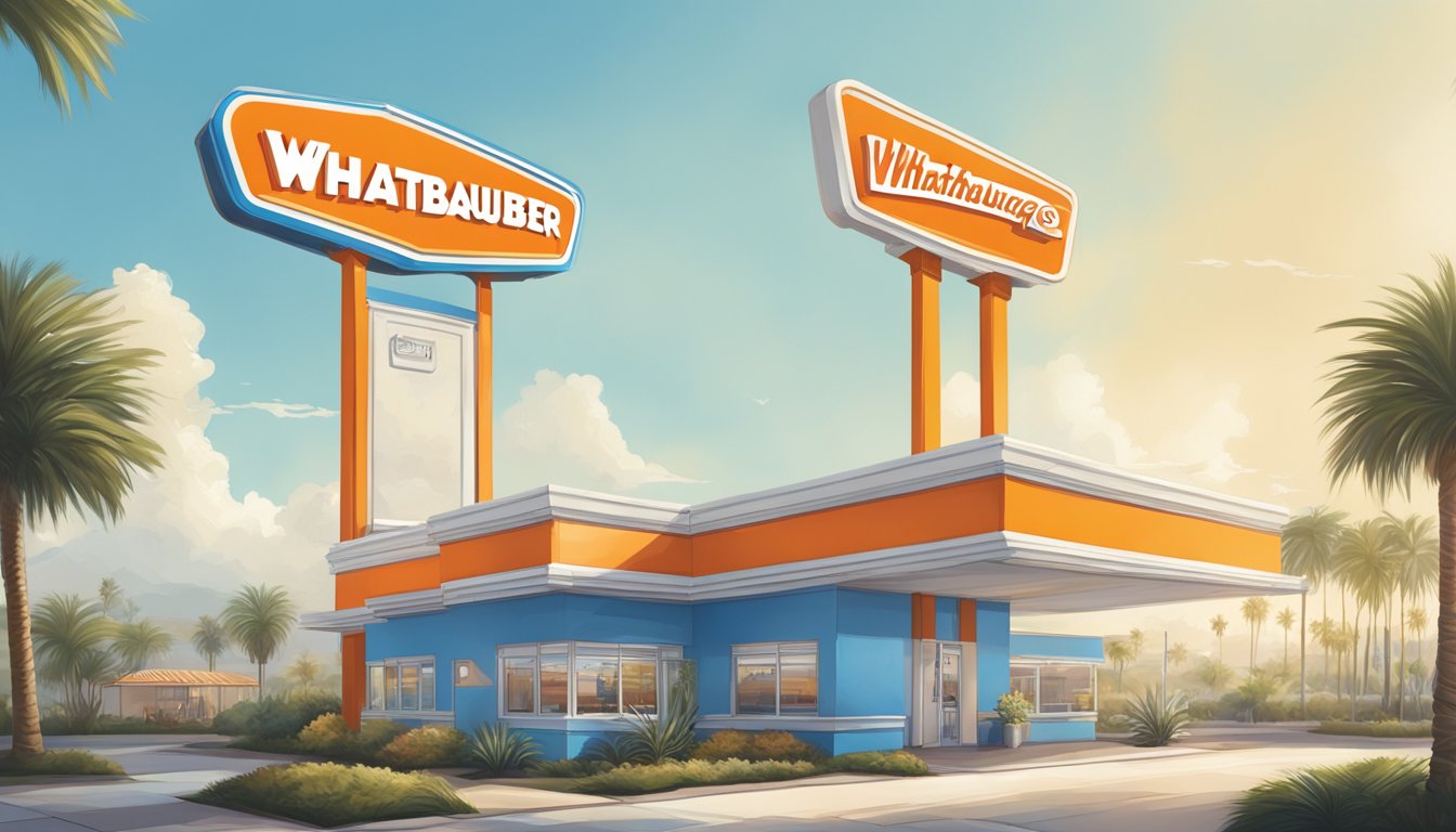 The iconic orange and white Whataburger sign stands against a blue sky, with palm trees in the background, representing the expansion of the chain to Los Angeles