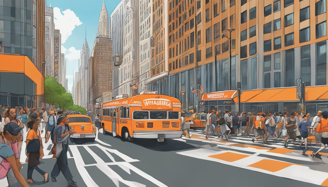 A bustling New York street with a classic Whataburger restaurant surrounded by tall buildings and busy pedestrians