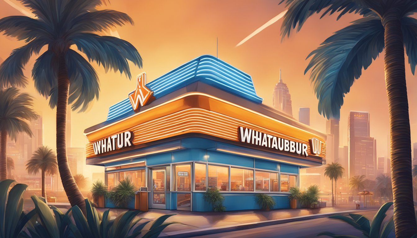 The iconic Whataburger sign shining brightly against the Los Angeles skyline, surrounded by palm trees and bustling city streets