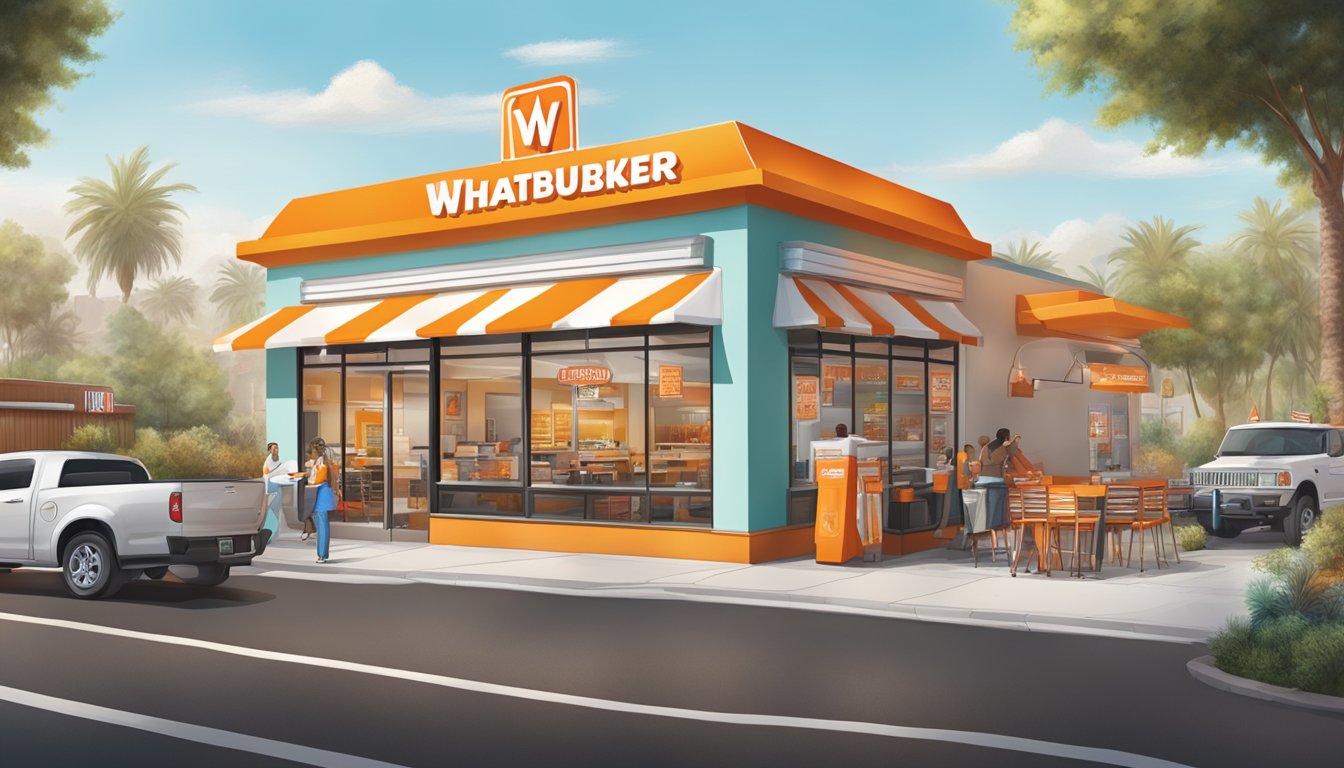 A bustling Whataburger restaurant in Los Angeles, with a colorful menu board and enticing specialty items displayed