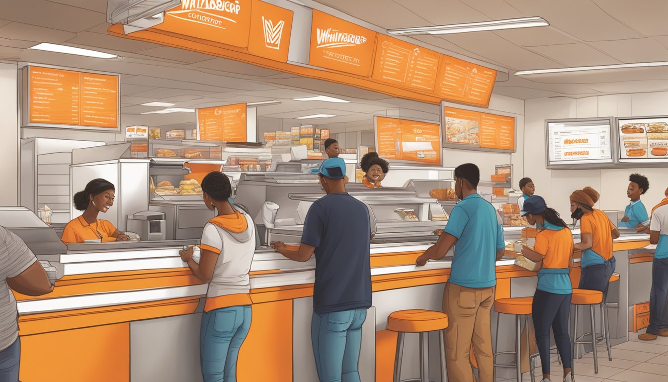 Customers placing orders at a Whataburger counter in Los Angeles, with employees taking their requests and preparing food in the background