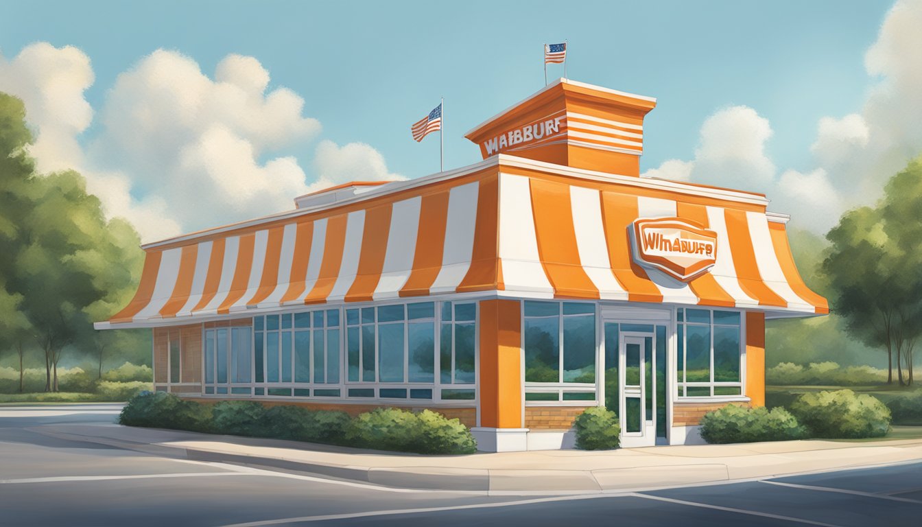 The iconic orange and white striped Whataburger building stands tall against a blue sky in the heart of Boiling Springs, surrounded by lush green trees