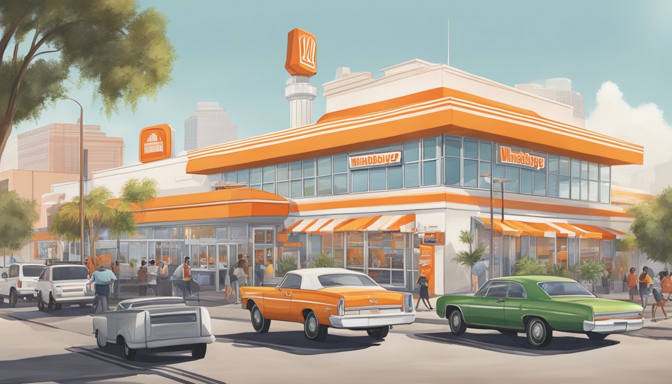 A bustling Whataburger restaurant in Los Angeles, with a prominent Rewards Program sign displayed. The iconic orange and white building stands out against the city backdrop