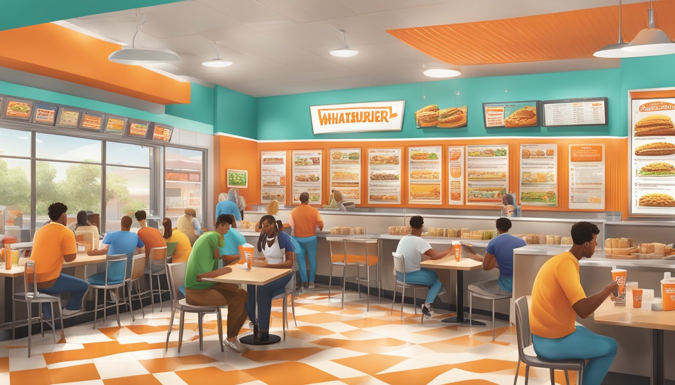 A bustling Whataburger restaurant with a colorful menu board and a line of customers ordering their favorite menu highlights