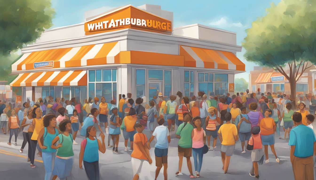 A bustling street with a colorful Whataburger in the background, surrounded by a diverse crowd engaging in community initiatives