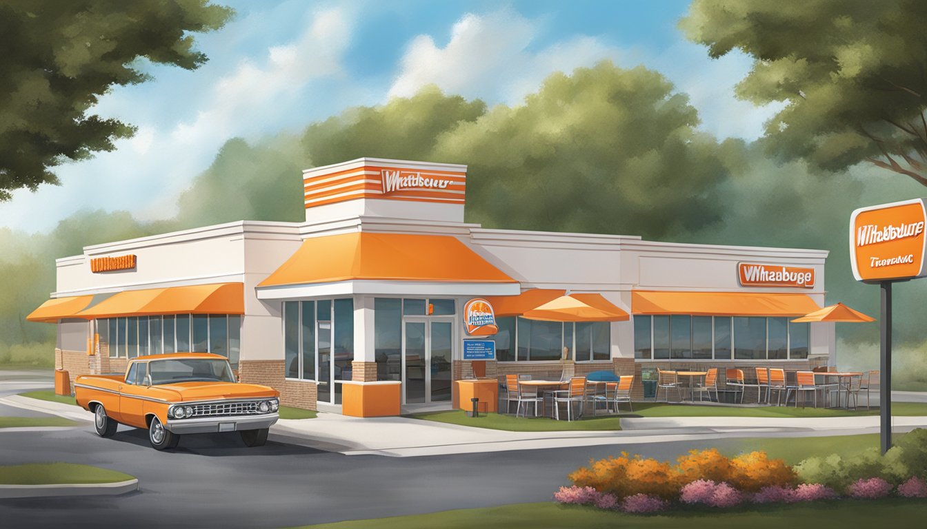 A bustling Whataburger restaurant in Boiling Springs, SC, with a drive-thru, outdoor seating, and a colorful sign