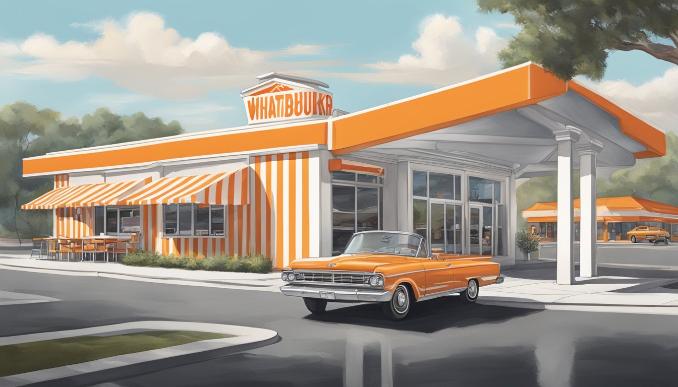 A Whataburger restaurant in Los Angeles, with a drive-thru, outdoor seating, and the iconic orange and white striped building design