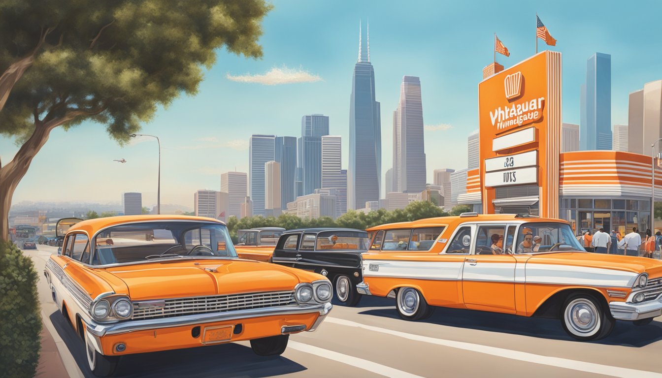 The iconic orange and white Whataburger sign stands tall against the Los Angeles skyline, with bustling cars and people passing by in the foreground