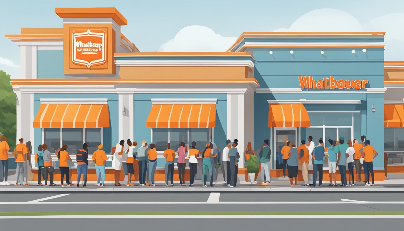 People lined up outside a Whataburger, eagerly waiting for their free meals. The restaurant is bustling with staff preparing orders and customers enjoying their food