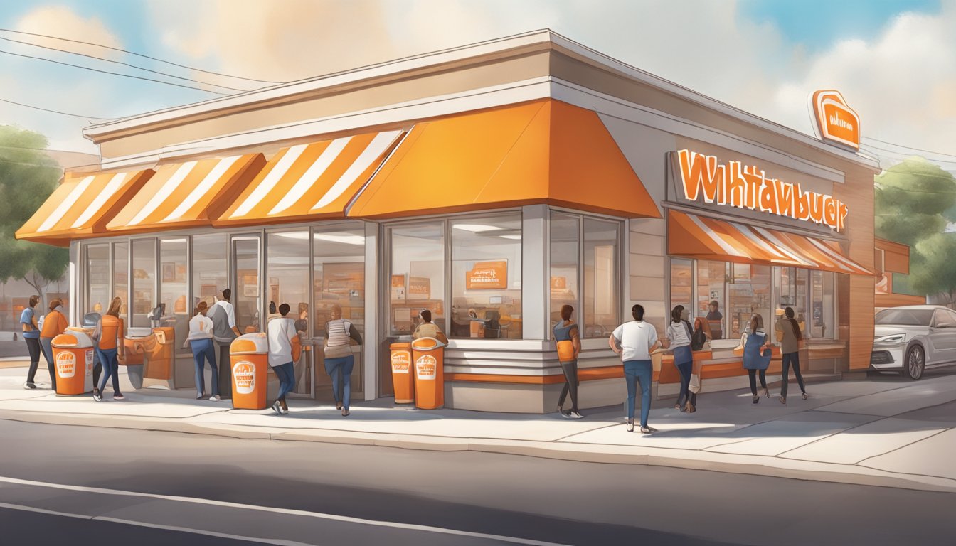 A bustling WhatABurger storefront in Los Angeles, with customers and staff engaging in partnerships and collaborations