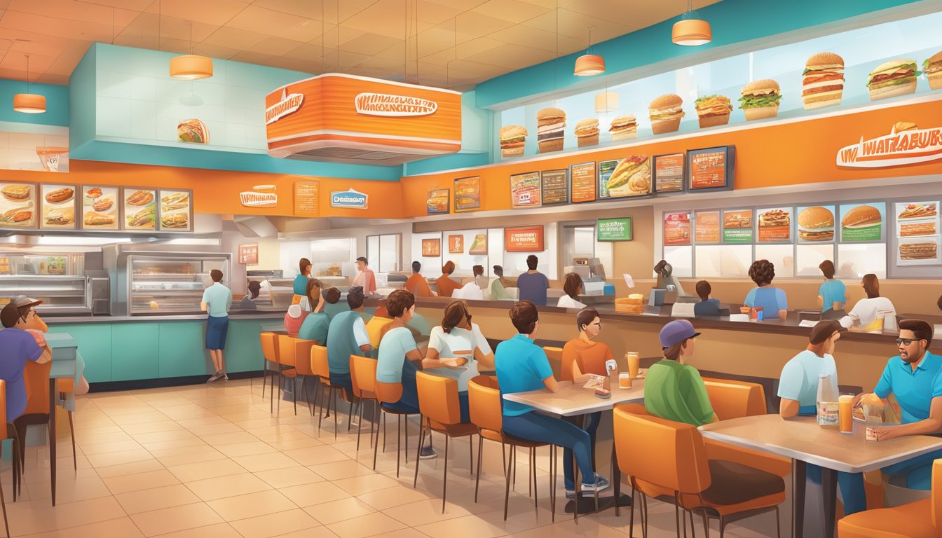 A bustling Whataburger restaurant with a colorful menu board and customers enjoying free food