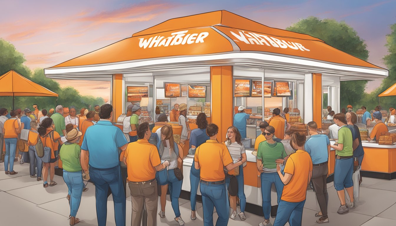 A bustling event with people enjoying free Whataburger, gathering around informational booths