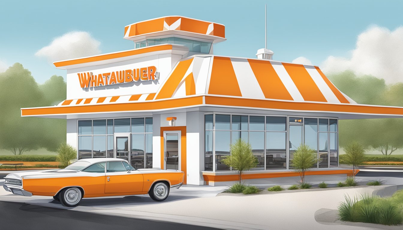 The Whataburger Boiling Springs location with its iconic orange and white striped roof, drive-thru lanes, and outdoor seating area