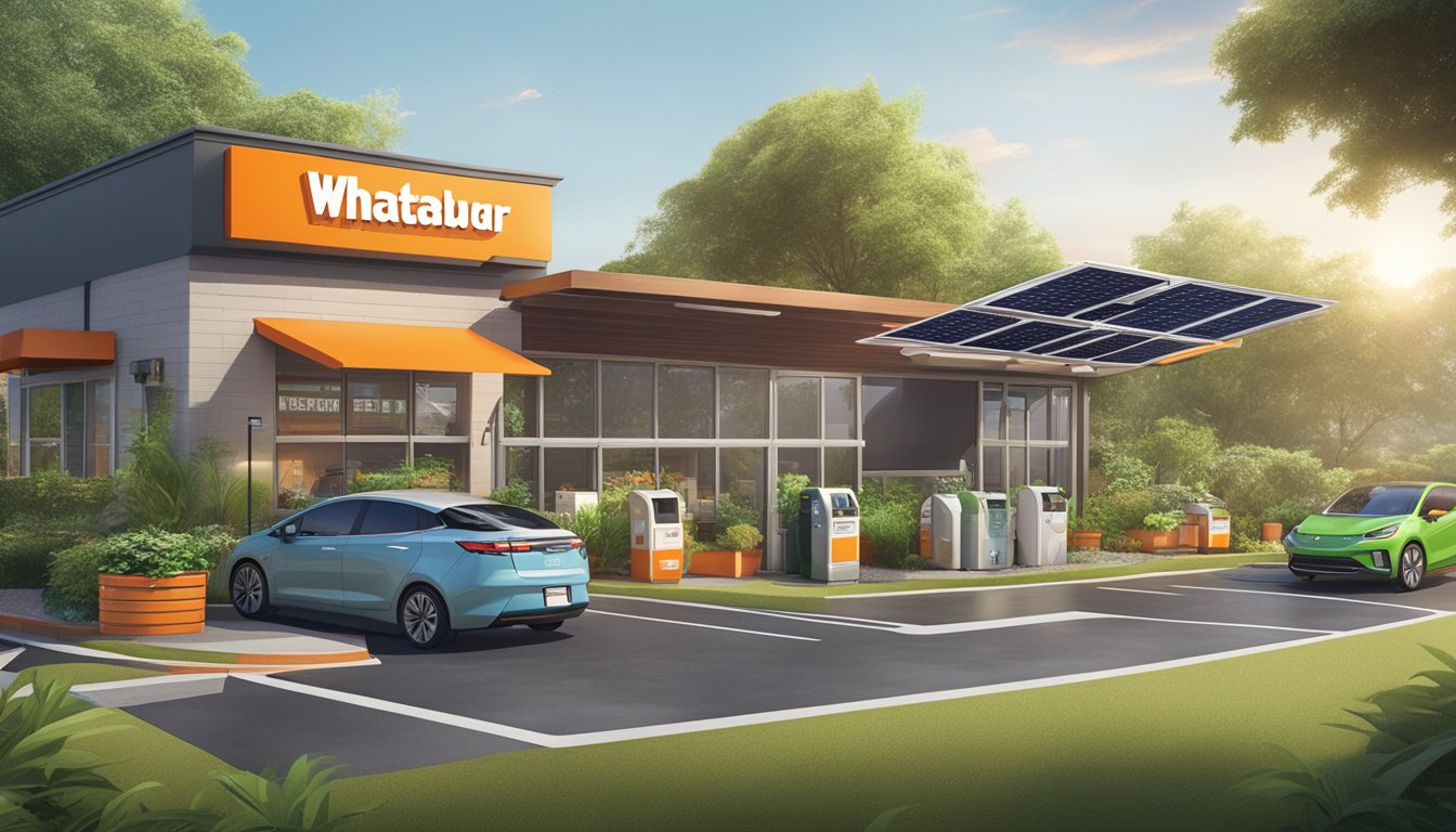 A Whataburger restaurant surrounded by lush greenery and recycling bins, with solar panels on the roof and electric car charging stations