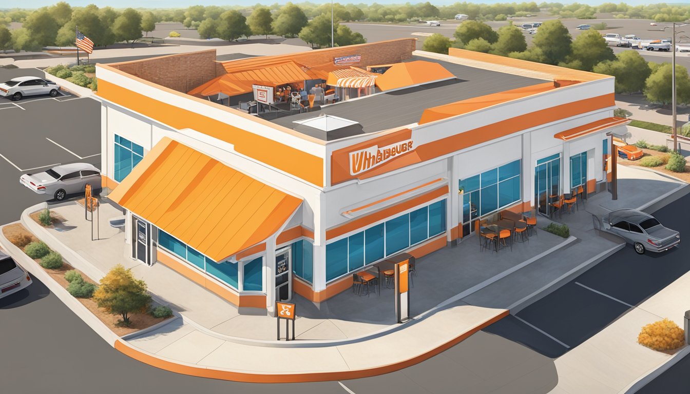 A bustling Whataburger restaurant in Odessa, Texas, with a distinctive orange and white striped roof, surrounded by a drive-thru lane and busy parking lot