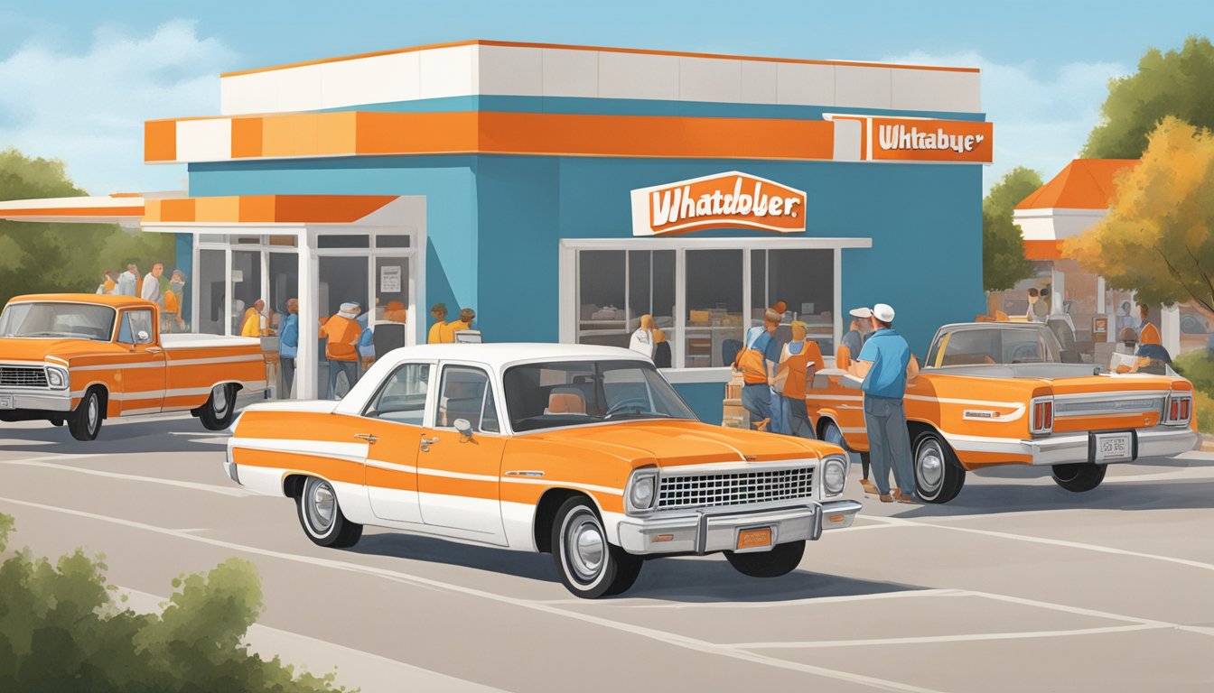 A bustling Whataburger restaurant in Wichita Falls, Texas, with a classic orange and white striped exterior and a line of customers at the drive-thru