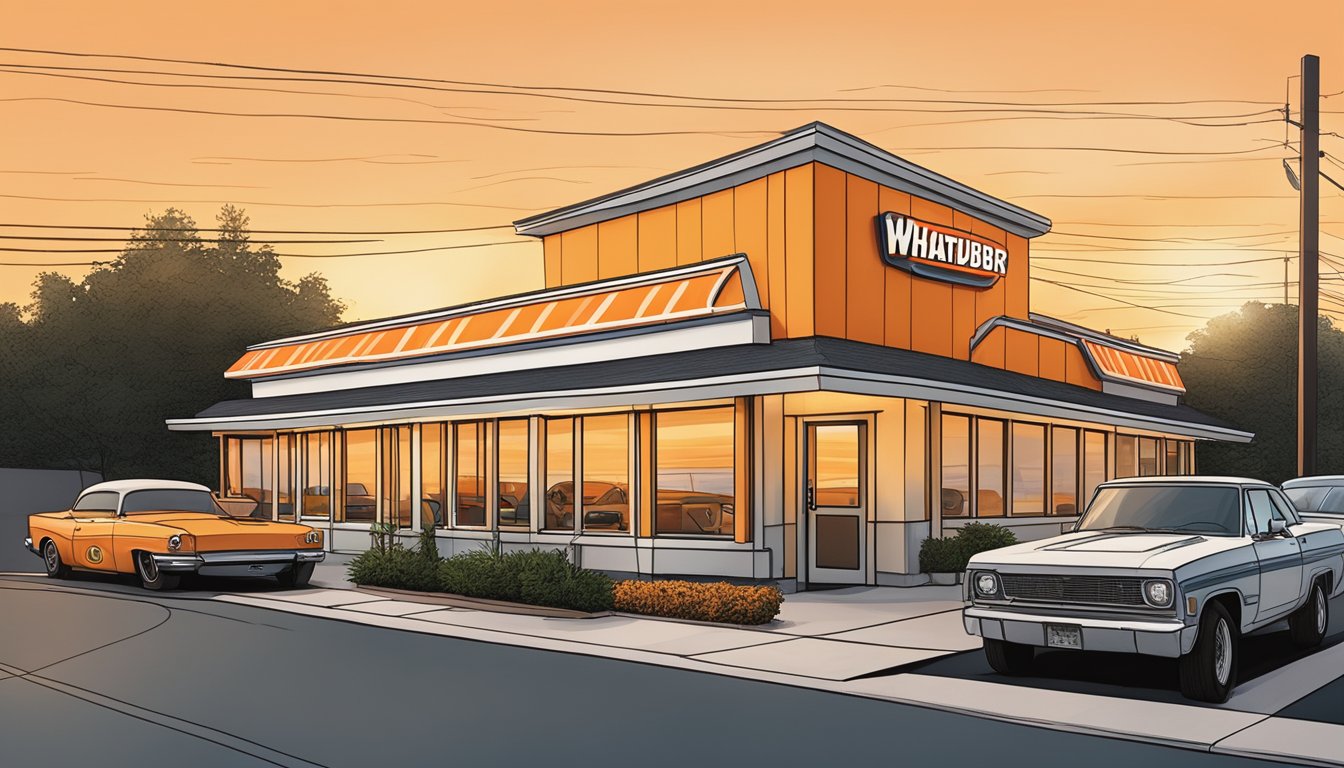 A Whataburger restaurant at dawn, with the sun rising behind the building and a line of cars at the drive-thru window