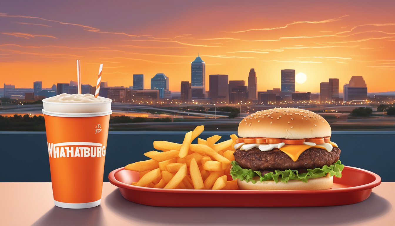 A classic Whataburger meal on a red tray with fries and a drink, set against a backdrop of the Wichita Falls, Texas skyline