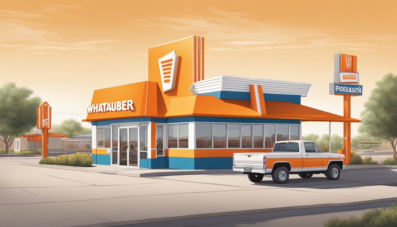 A Whataburger restaurant in Odessa, Texas, with a drive-thru, outdoor seating, and a large, iconic orange and white striped A-frame building