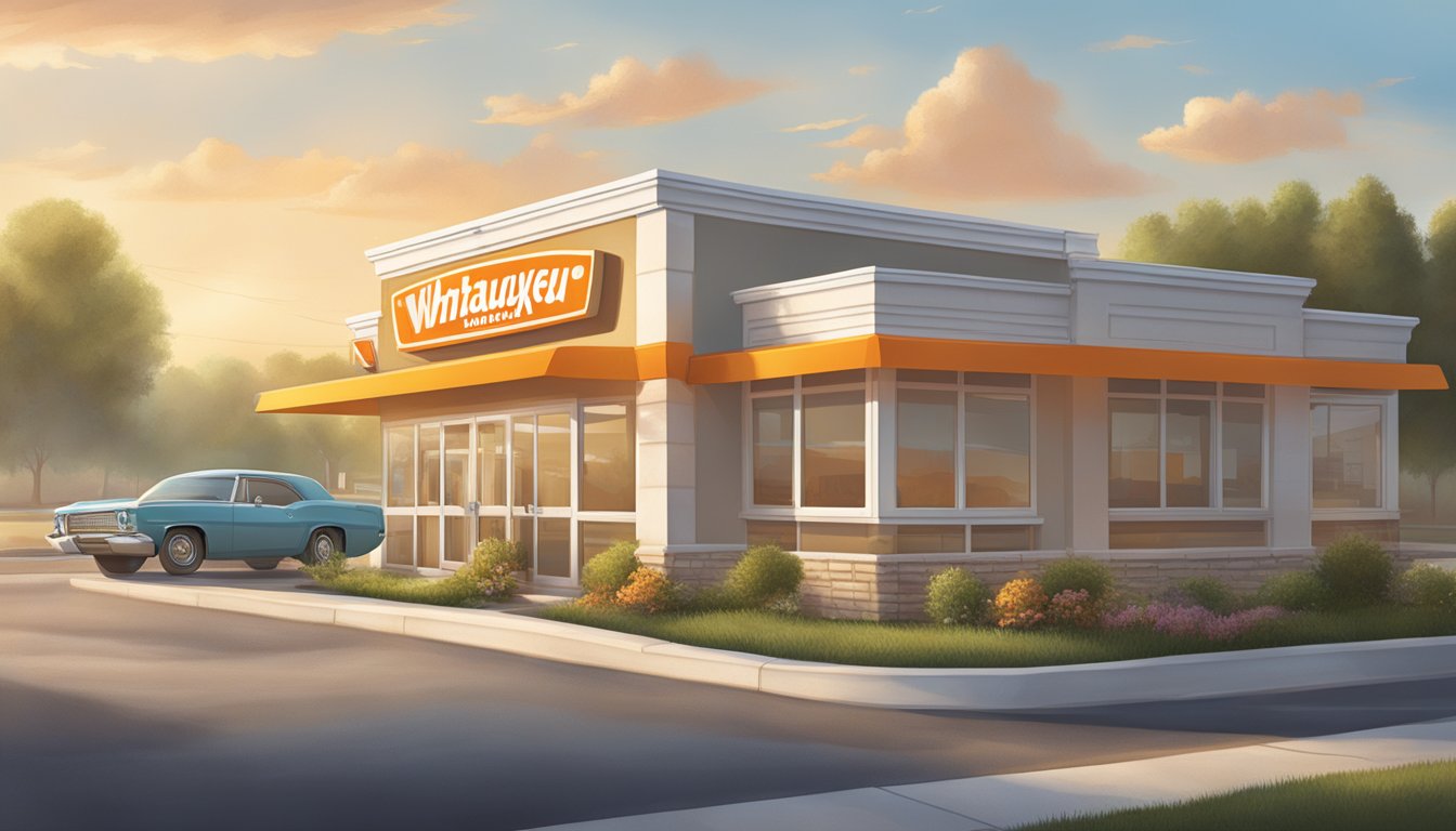 A sunny morning with a clock showing the time when Whataburger starts serving breakfast, with a breakfast menu in the background