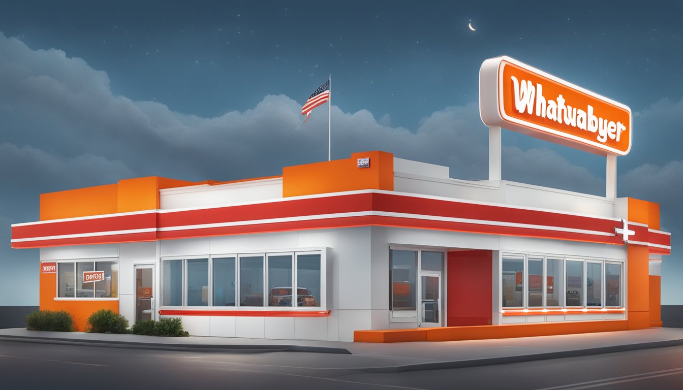 A Whataburger restaurant in Odessa, Texas with a bright red and white exterior, a drive-thru lane, and a large illuminated sign displaying the store hours