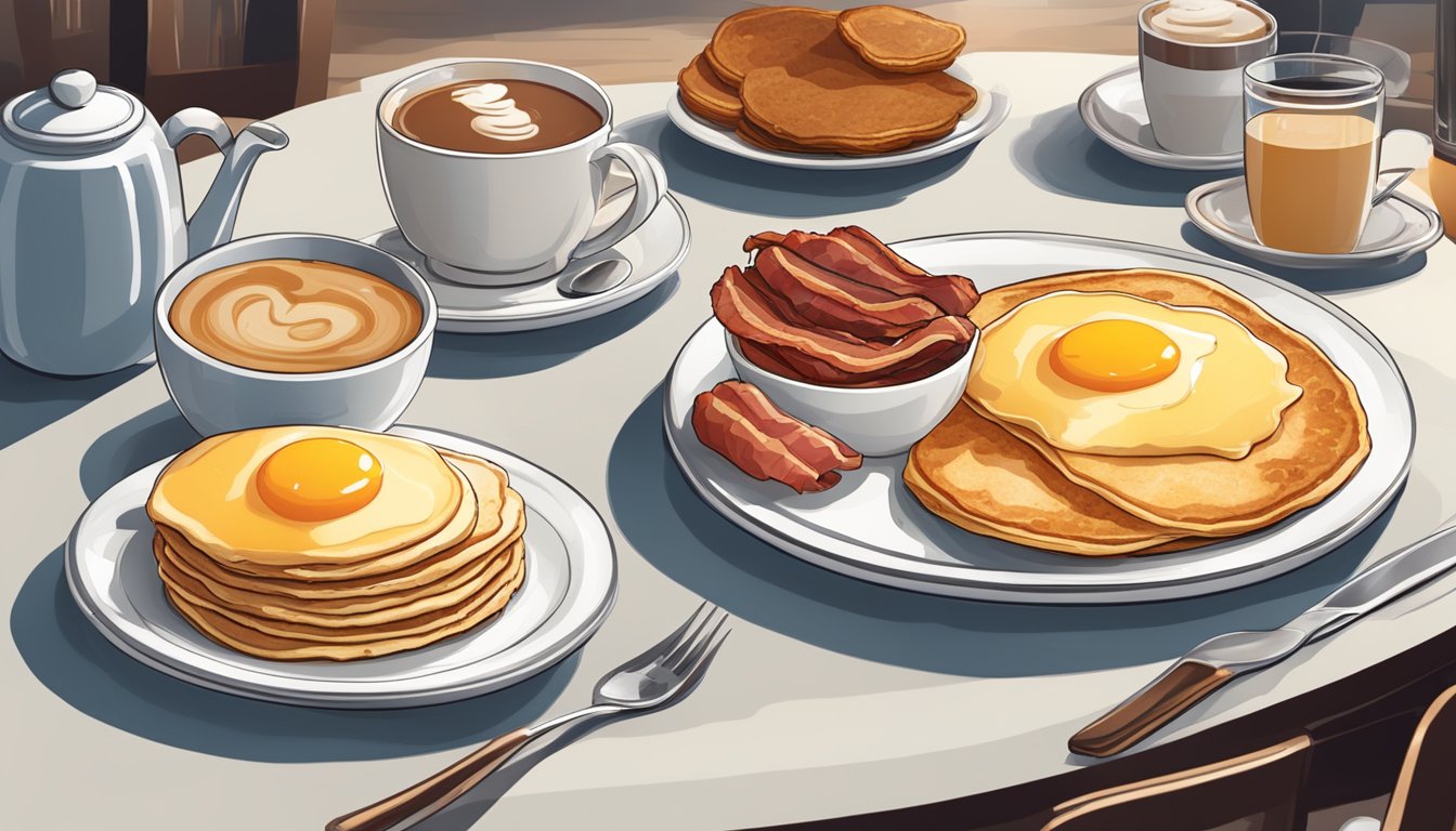 A table set with a breakfast spread including pancakes, eggs, bacon, and coffee, with a clock showing early morning hours