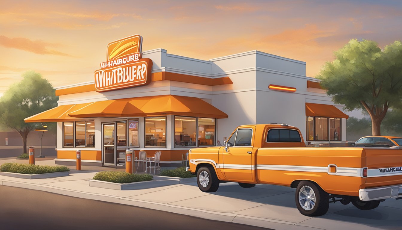 A bustling Whataburger restaurant in Odessa, Texas, with a drive-thru line and outdoor seating, surrounded by a warm, inviting atmosphere