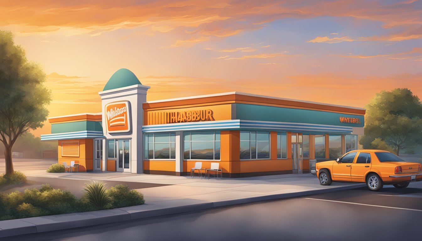 A sunrise over a Whataburger restaurant with a clock showing the time when breakfast service begins