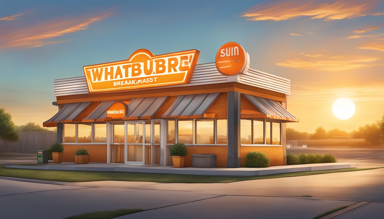 The sun rising over a Whataburger restaurant with a clock showing the time as the breakfast menu is being set up