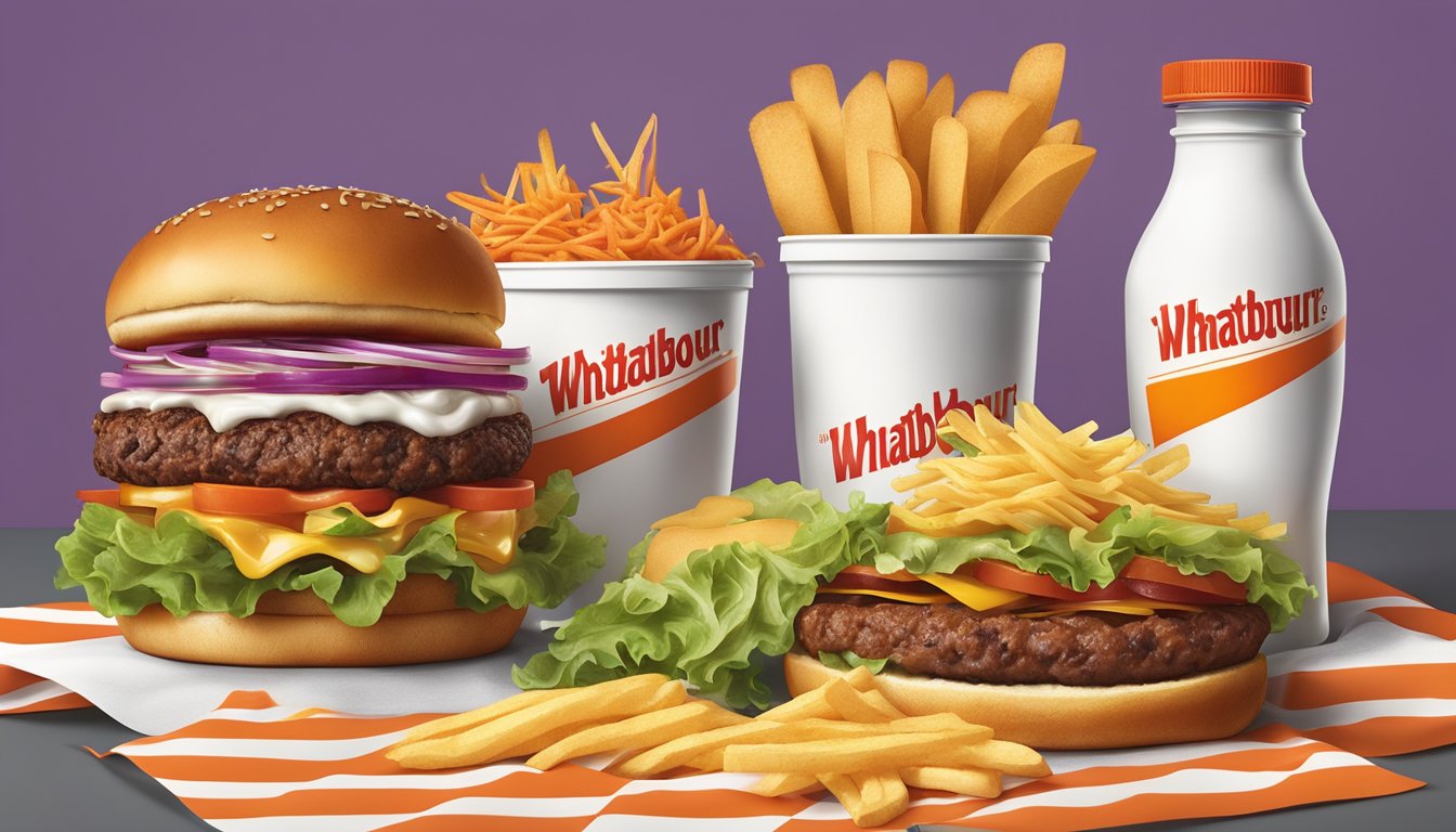 A colorful spread of fresh ingredients and condiments, with a customizable burger at a Whataburger location in Wichita Falls, Texas