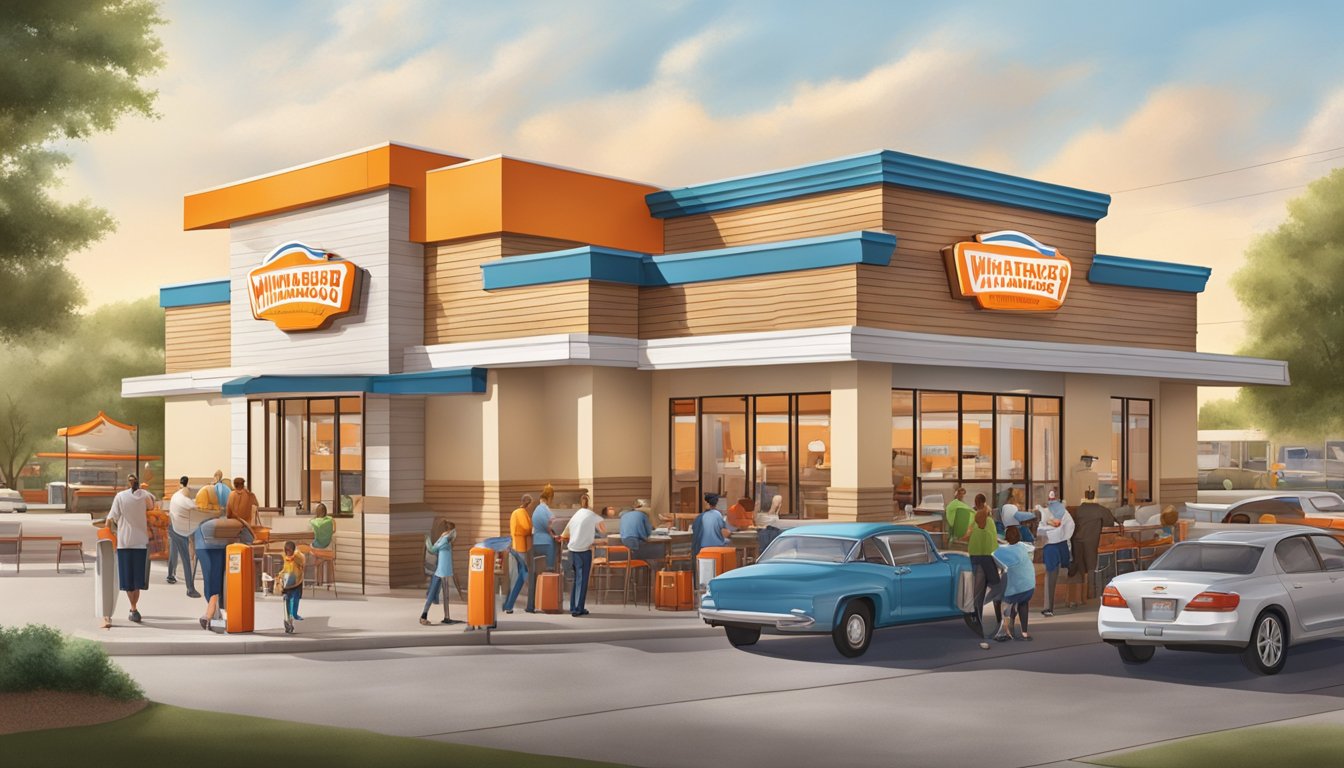 A bustling Whataburger restaurant in Wichita Falls, Texas, with customers happily enjoying their meals and staff providing excellent service