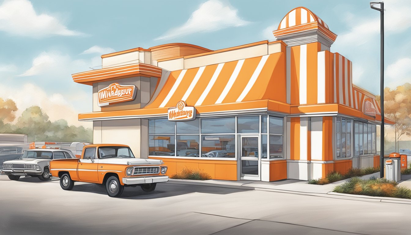 A bustling Whataburger restaurant in Shreveport, with the iconic orange and white striped building and a drive-thru line of cars