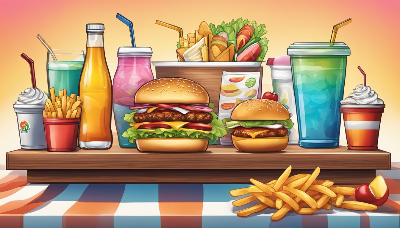 A colorful menu board with the logo and various food items displayed, including burgers, fries, drinks, and desserts