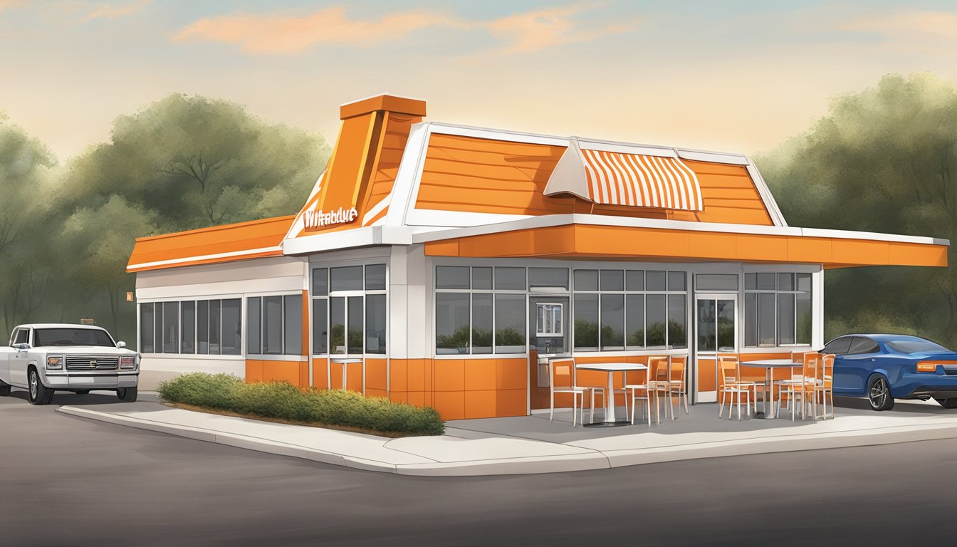 A bustling Whataburger restaurant in Shreveport, with its iconic orange and white striped A-frame building, a drive-thru lane, and a large outdoor patio area