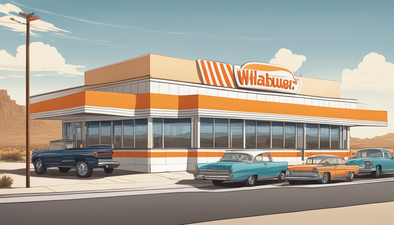 The iconic orange and white striped Whataburger building stands proudly against the desert landscape of Las Cruces, with a line of cars wrapped around the drive-thru