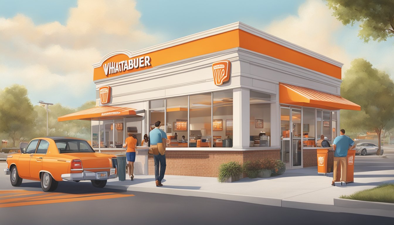 A bustling Whataburger restaurant with a drive-thru, outdoor seating, and a welcoming entrance. Staff members are seen assisting customers with a smile